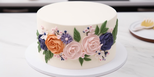 Un gâteau avec un motif floral dessus