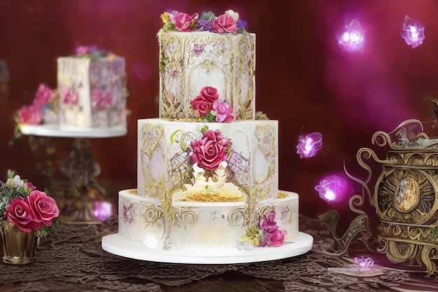 Un gâteau avec un motif floral dessus