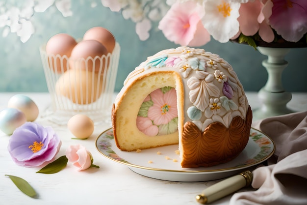 Un gâteau avec un motif floral à l'intérieur et une assiette avec des œufs en arrière-plan.