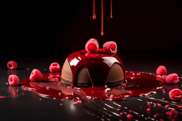 Un gâteau mousse au chocolat avec des framboises sur le dessus