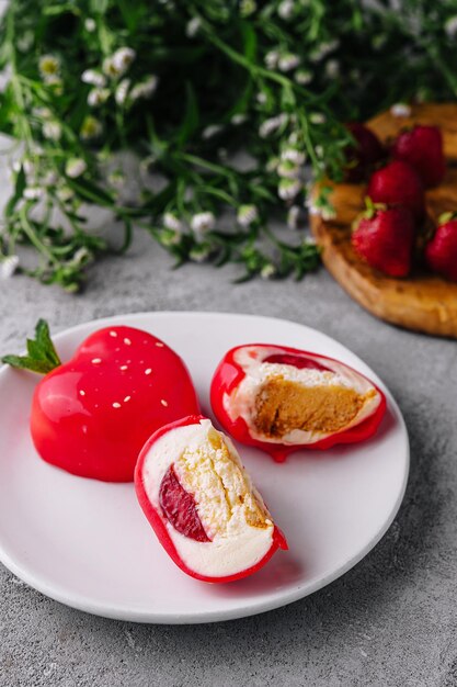 Gâteau Mousse Fraise sur plaque blanche