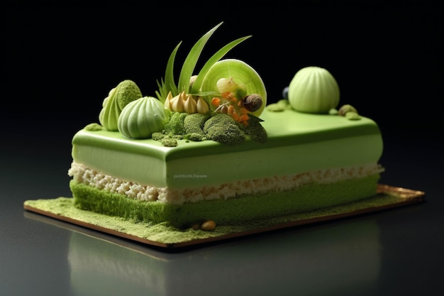 Un gâteau de mousse de thé vert sur un fond noir