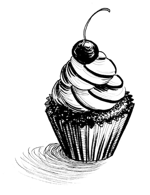 Gâteau muffin avec cerise sur le dessus Dessin noir et blanc à l'encre