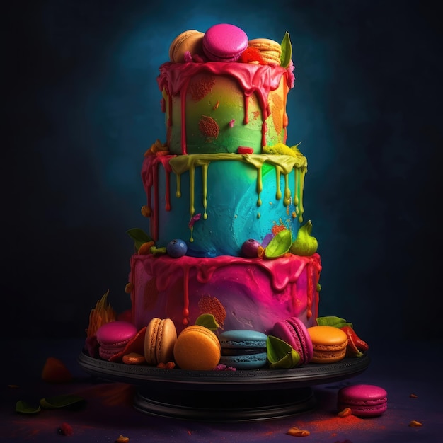 Un gâteau multicolore avec des macarons dessus