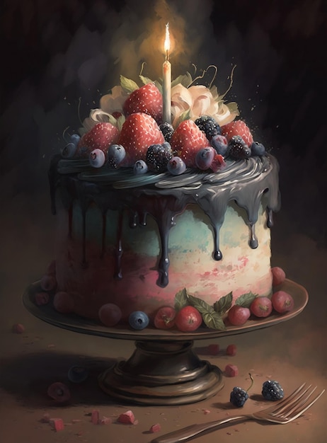 Un gâteau avec des myrtilles et des fraises dessus