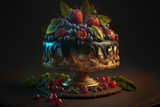 Gâteau napoléonien avec baies et fruits sur un dessert préparé appétissant sur fond sombre