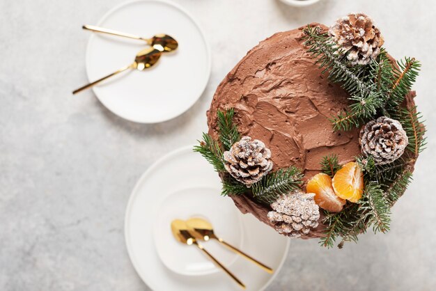 Gâteau de Noël au chocolat décoré de pommes de pin et de pin sur fond clair, vue de haut en bas avec image de mise au point sélective