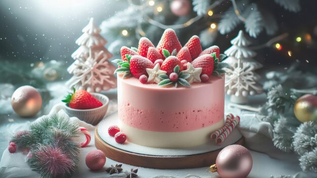 Photo un gâteau de noël aux fraises avec une décoration de noël sur la table