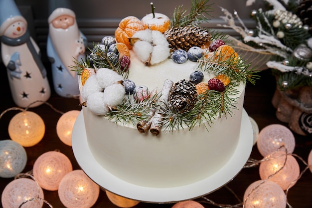 Gâteau de Noël à base de chocolat avec crème décoré de baies et de fruits