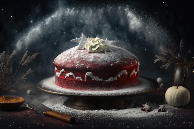 Gâteau de Noël festif délicieux gâteau de velours rouge avec du sucre en poudre sur fond sombre créé avec