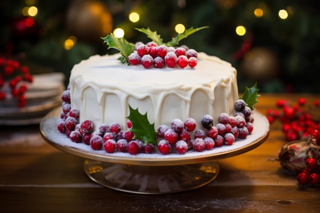 Gâteau de Noël festif orné de feuilles de houx et de baies comestibles Illustration d'IA générative