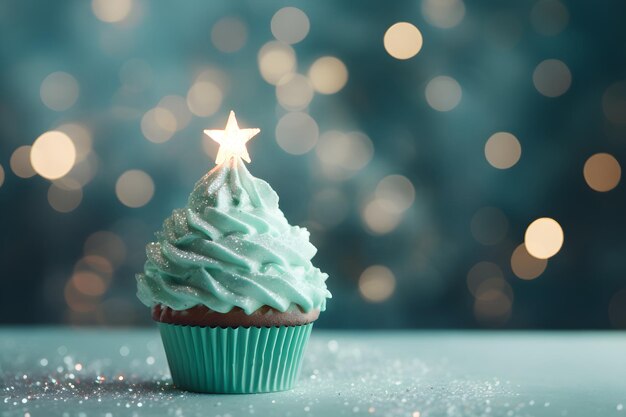 Un gâteau de Noël sur fond bokeh avec un modèle d'espace de copie vide