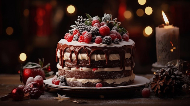 Photo un gâteau de noël avec des fruits et du chocolat fondu généré par l'intelligence artificielle.