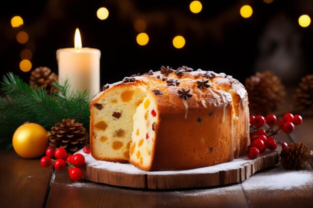 Un gâteau de Noël avec des raisins secs et des épices sur une table en bois