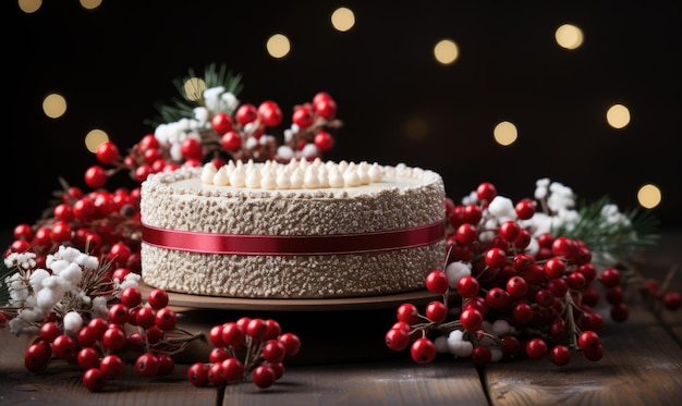 Gâteau de Noël sur une table en bois décoré d'un bouquet de baies de sorbier