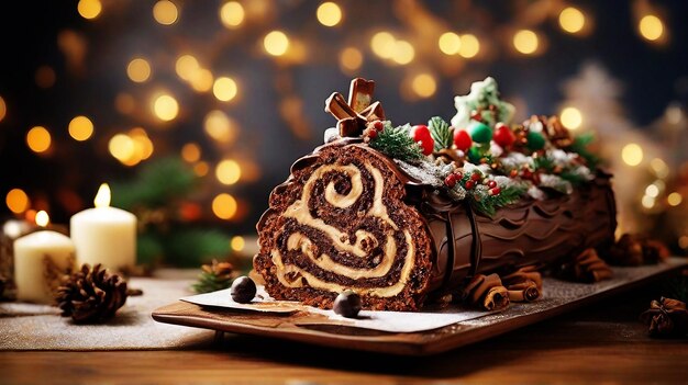 gâteau de Noël traditionnel buche de noël pâtisserie au chocolat décorée avec Noël