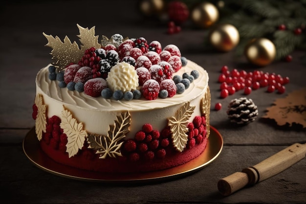 Gâteau de Noël en velours rouge décoré de crème et de baies créé avec une IA générative