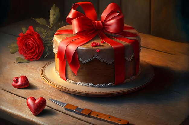Un gâteau avec un noeud rouge dessus