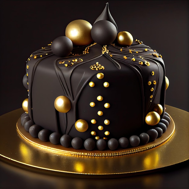 Gâteau noir avec décorations dorées générative ai