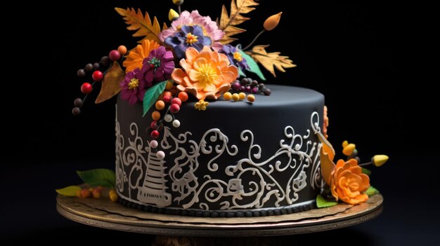 Un gâteau noir décoré de fleurs et de feuilles sur un stand