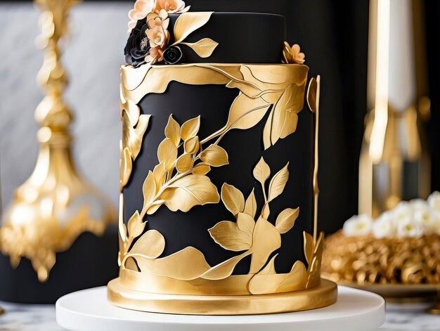 un gâteau noir et or avec des feuilles et des fleurs d'or sur une assiette blanche