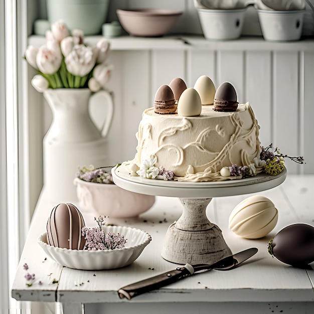 Un gâteau avec des œufs dessus et un bol de fleurs en arrière-plan.