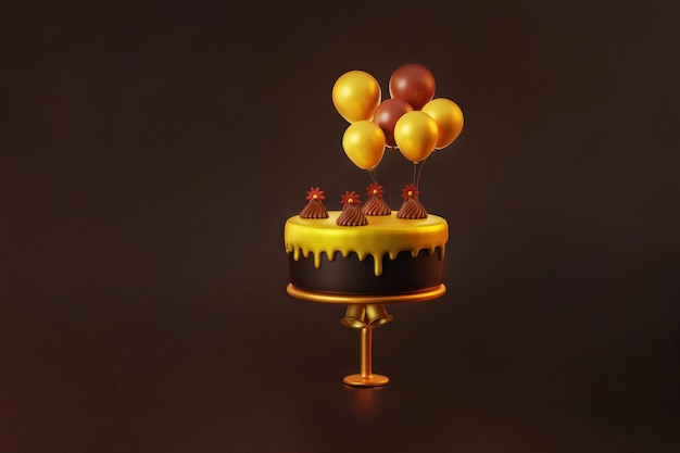 Gâteau d'or de luxe avec un ballon sur fond marron foncé illustration 3d pour la célébration