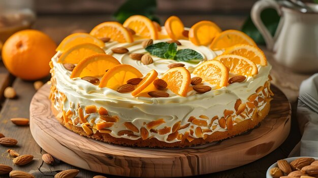 Gâteau orange avec des amandes sur surface blanche Ai généré