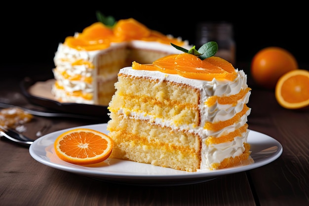 Gâteau à l'orange fraîchement tranché sur une assiette blanche Délicieux et desserts Epicure