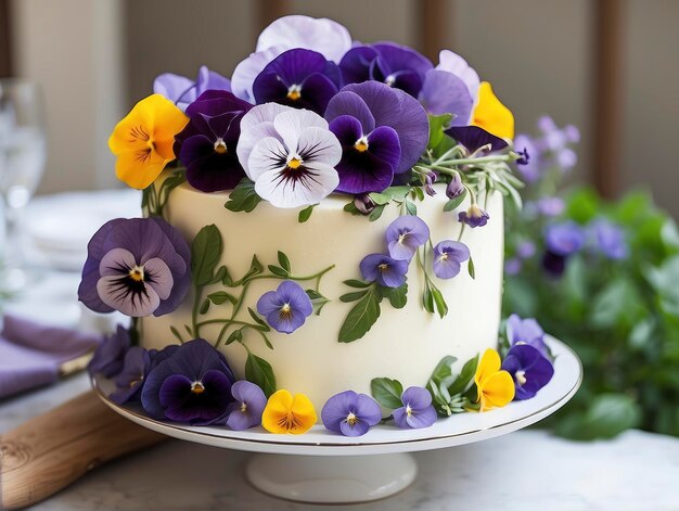 Photo un gâteau avec des pansy sur une table avec un couteau