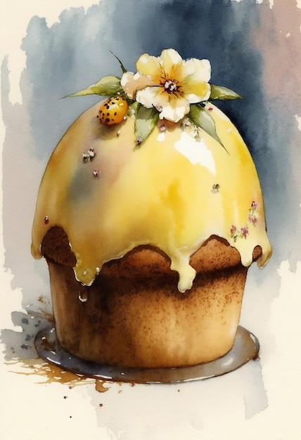 Gâteau de Pâques avec des baies et des œufs. Carte postale de Pâques. Carte de Pâques avec aquarelle de gâteau de Pâques