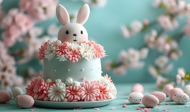 Un gâteau de Pâques décoré de lapins et de fleurs.