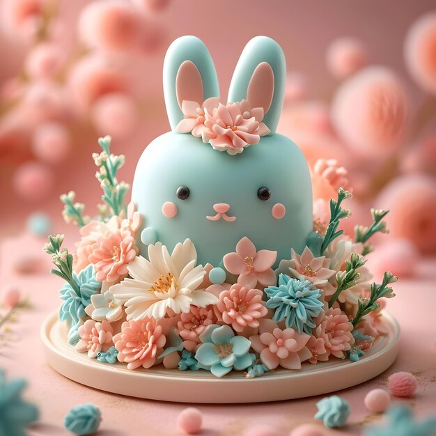 Un gâteau de Pâques décoré de lapins et de fleurs.