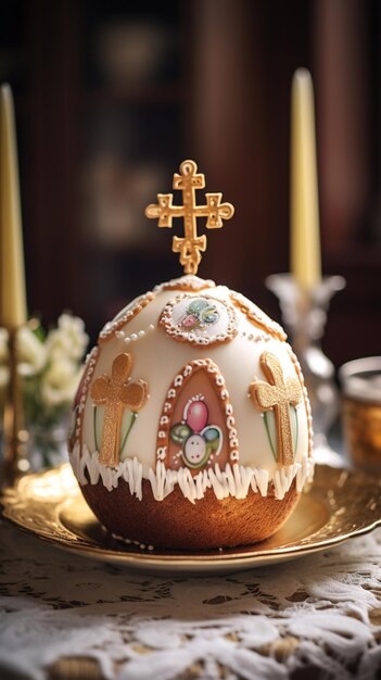 Photo le gâteau de pâques est décoré d'un motif avec une croix sur le dessus de l'ia générative