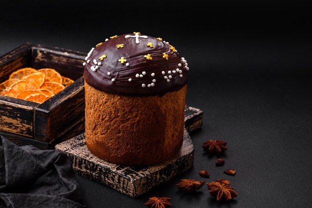 Gâteau de Pâques fraîchement cuit ou panettone avec enrobage de chocolat