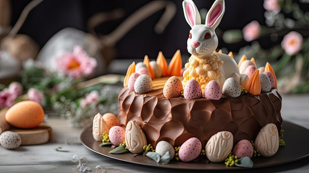Gâteau de Pâques Homemsde avec des oreilles de lapin Modèle d'affiche et de bannière de Pâques avec sur fond clair Salutations pour le contenu AI génératif de Pâques