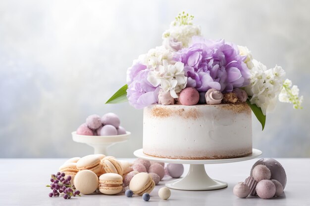 Photo gâteau de pâques et œufs sur fond blanc avec un bouquet de fleurs bonne pâques