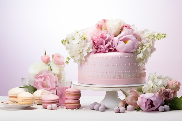 Gâteau de Pâques et œufs sur fond blanc avec un bouquet de fleurs Bonne Pâques