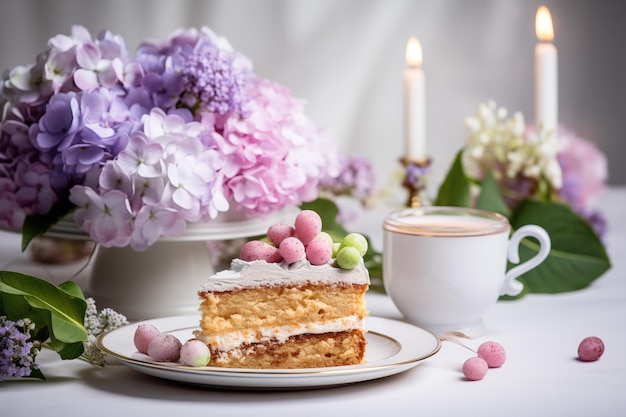 Gâteau de Pâques et œufs sur fond blanc avec un bouquet de fleurs Bonne Pâques