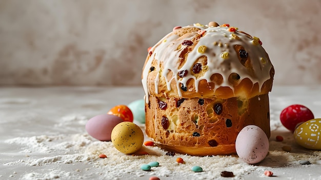 Gâteau de Pâques avec des œufs sur fond gris Copier l'espace