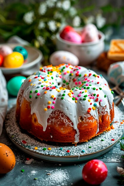 Photo gâteau de pâques et œufs sur la table focus sélectif