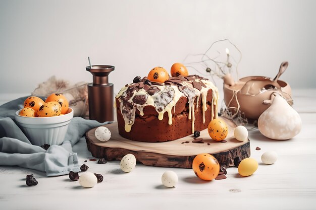 Gâteau de Pâques traditionnel avec des fruits secs et des œufs décorés sur une table blanche en bois à l'intérieur Close Up Ai Generative