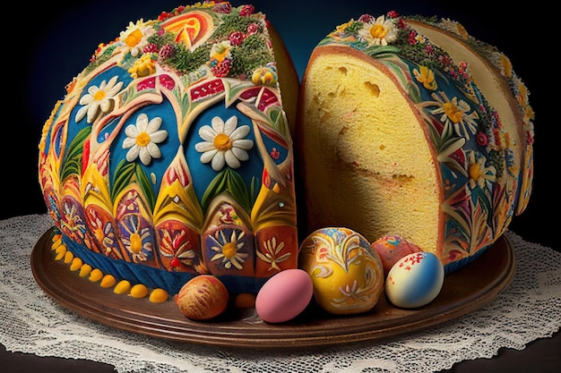 Gâteau de Pâques ukrainien traditionnel peint avec un glaçage à la guimauve Generative AI