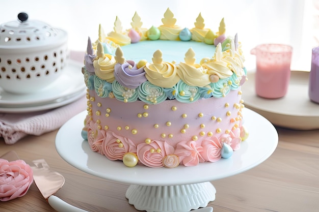 Gâteau pastel mignon et adorable avec des pépites de glaçage et une couronne créées avec une IA générative