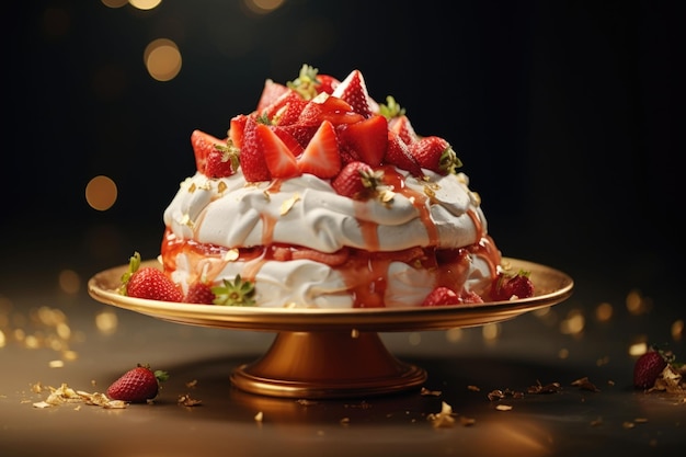 Gâteau Pavlova à la crème et aux fraises fraîches sur fond sombre Illustration générative de l'IA