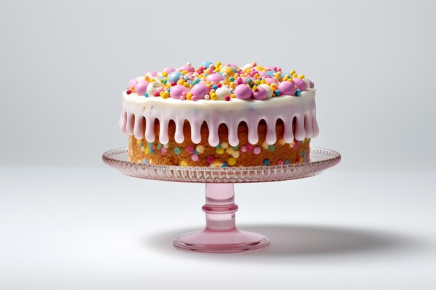 Un gâteau avec des pépites colorées est posé sur un présentoir à gâteaux rose.