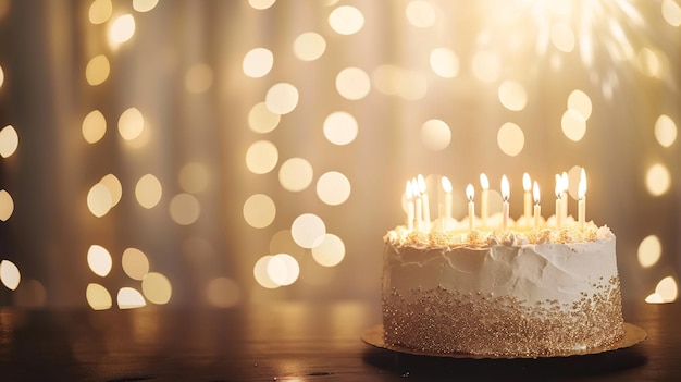 Gâteau pétillant élégant avec des bougies sur fond lumineux