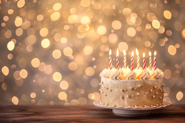 Gâteau pétillant élégant avec des bougies sur fond lumineux