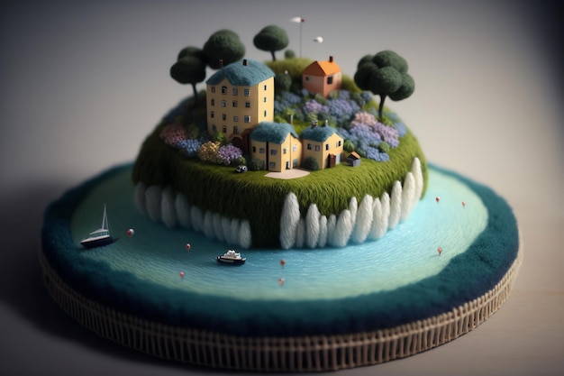 Un gâteau avec une petite ville dessus