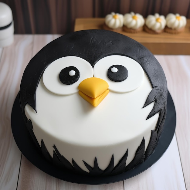 Un gâteau de pingouin décoré avec un fondant inspiré du Nikon D850 Un design unique influencé par l'anime